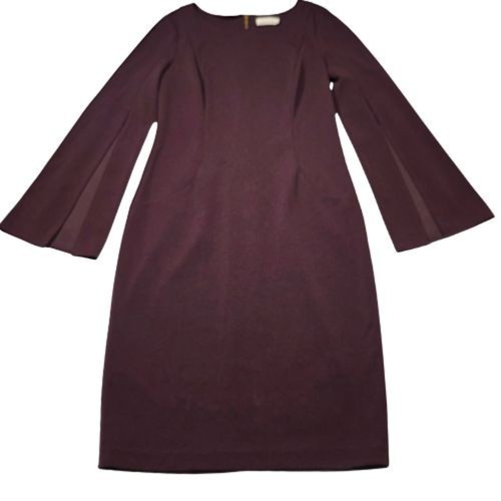 Calvin Klein Womens M Plum Long Bell Sleeve Sheath Dress Gold Burgundy Knee Chic